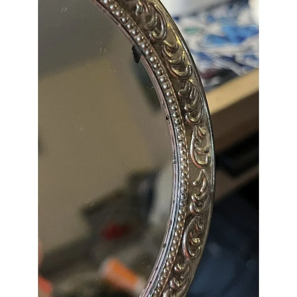 Vintage Antique Silver Plate Rose Pattern Vanity Hand Mirror Victorian